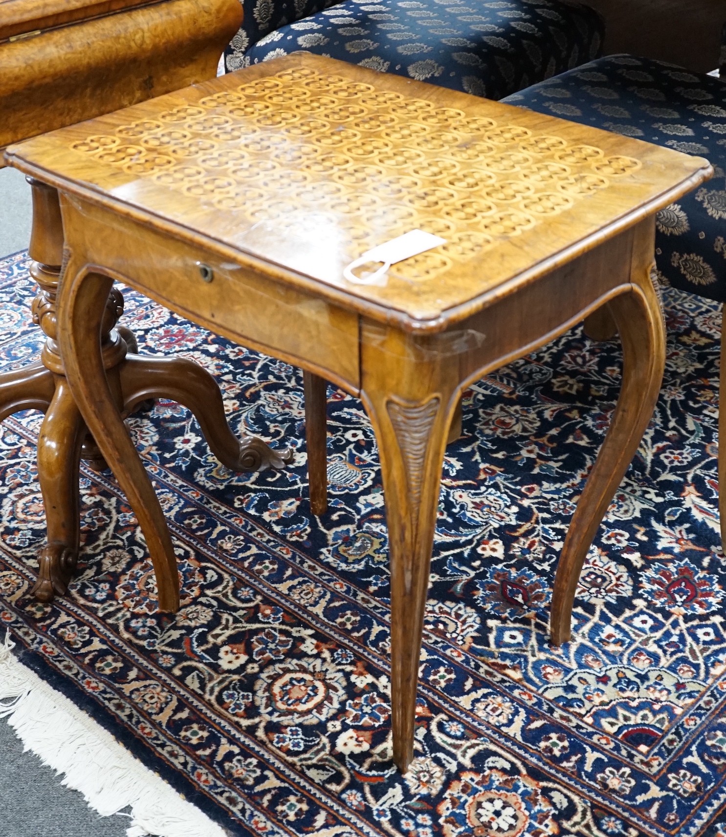 A 19th century Continental walnut and parquetry occasional table, width 59cm *Please note the sale commences at 9am.